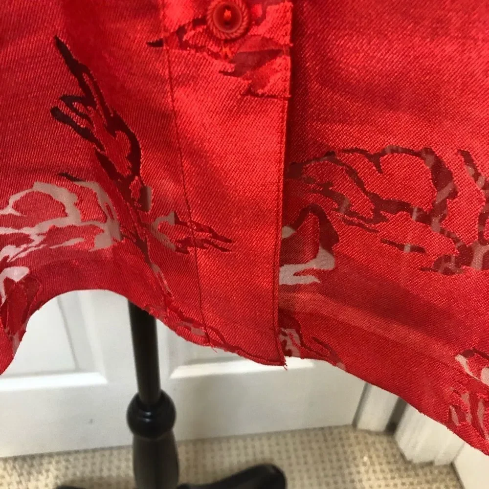 TanJay red button down blouse with sheer flowers - Picture 5 of 11